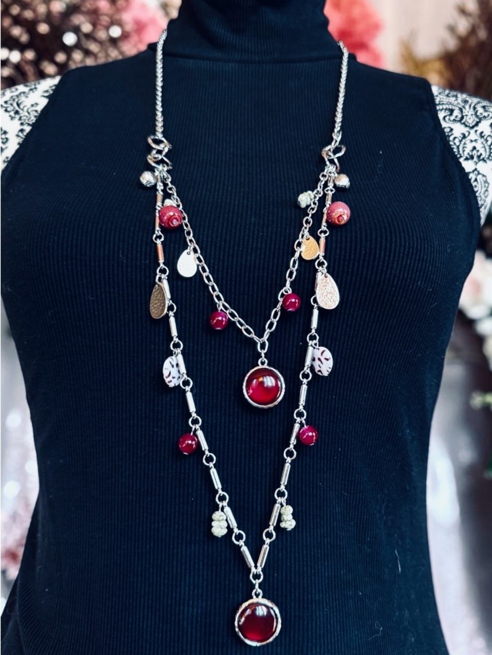 Chico's Gold-Tone Double Strand Necklace with Red Beads